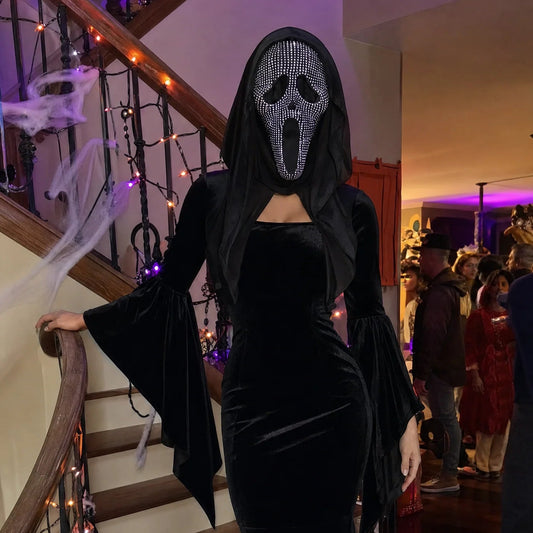 Vestido de Halloween con máscara de brillantes